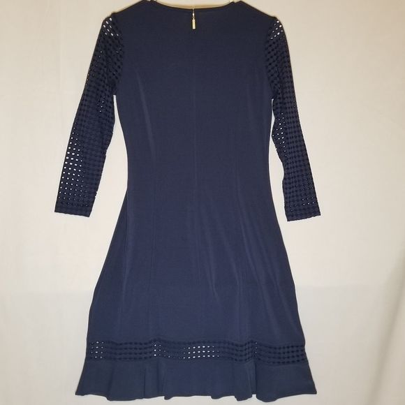 Michael Kors Navy Mesh-Sleeve Ruffle-Hem Dress - Picture 3 of 4